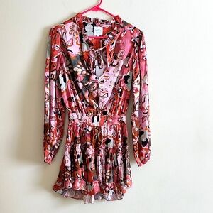 MISA Los Angeles Vibrant Floral Long Sleeve Mini Dress Flirty Light Womens XS
